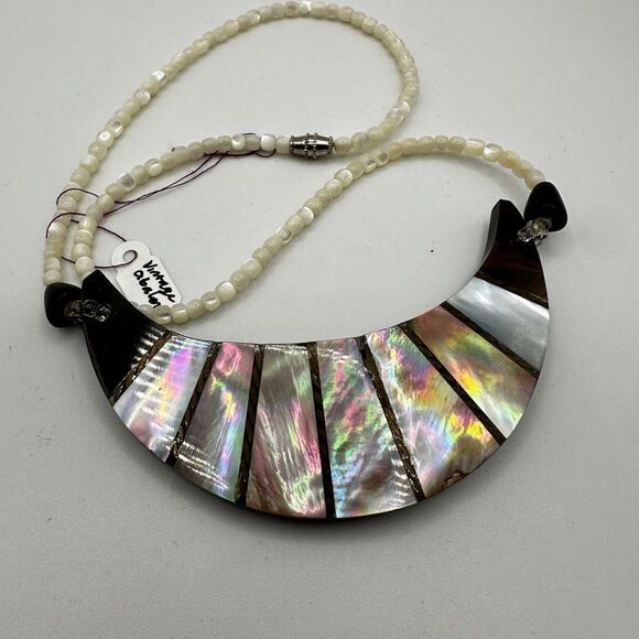 16” Abalone inlay on wood, shell beaded bib necklace! - Picture 3 of 14